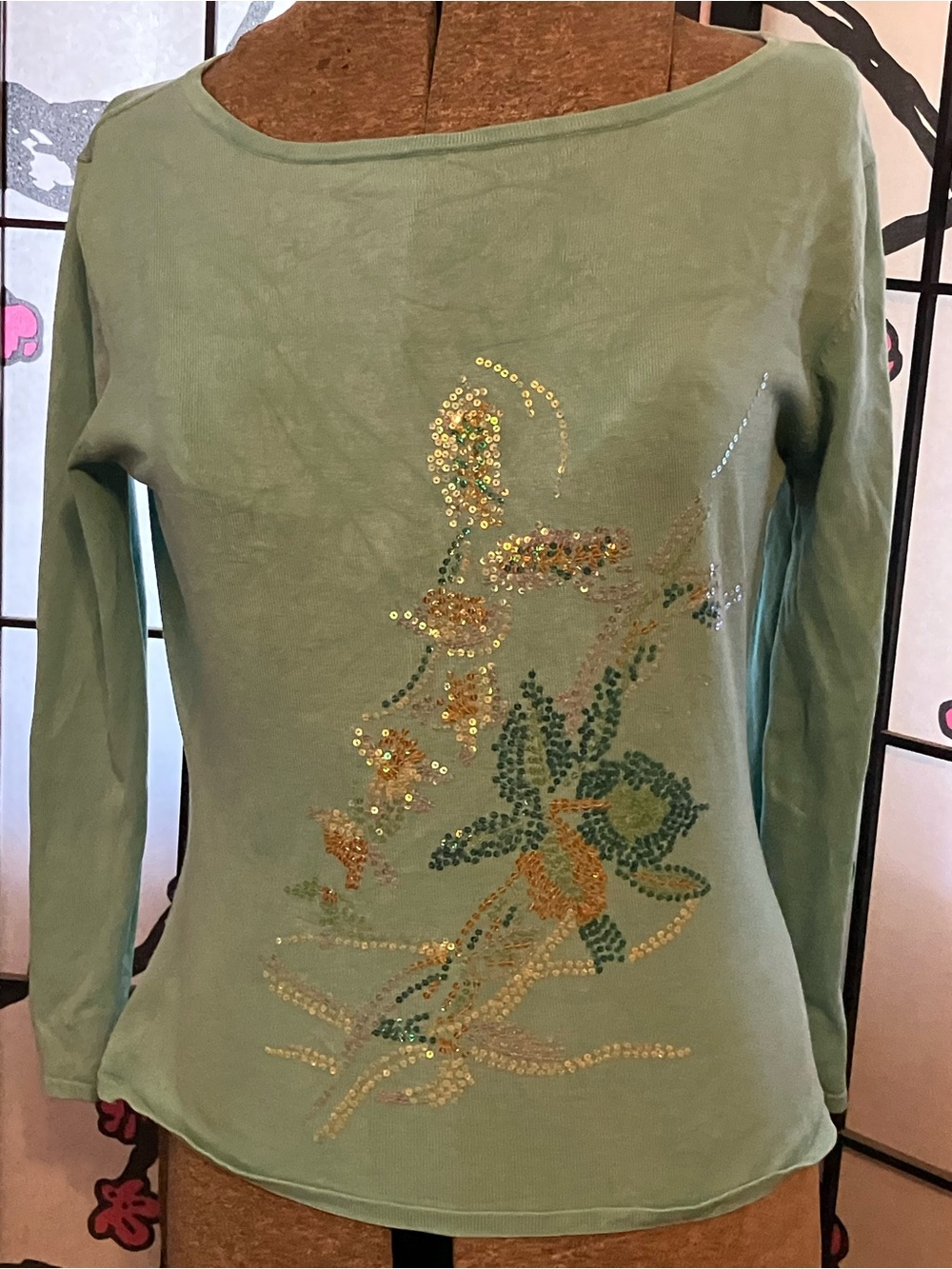 Women's Sequin Floral Long-Sleeve Top - Sage Green